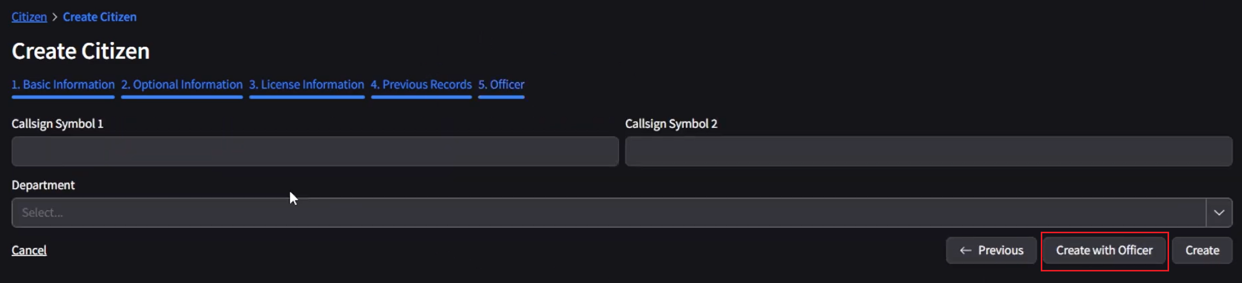 Showcase of the Create with Officer button